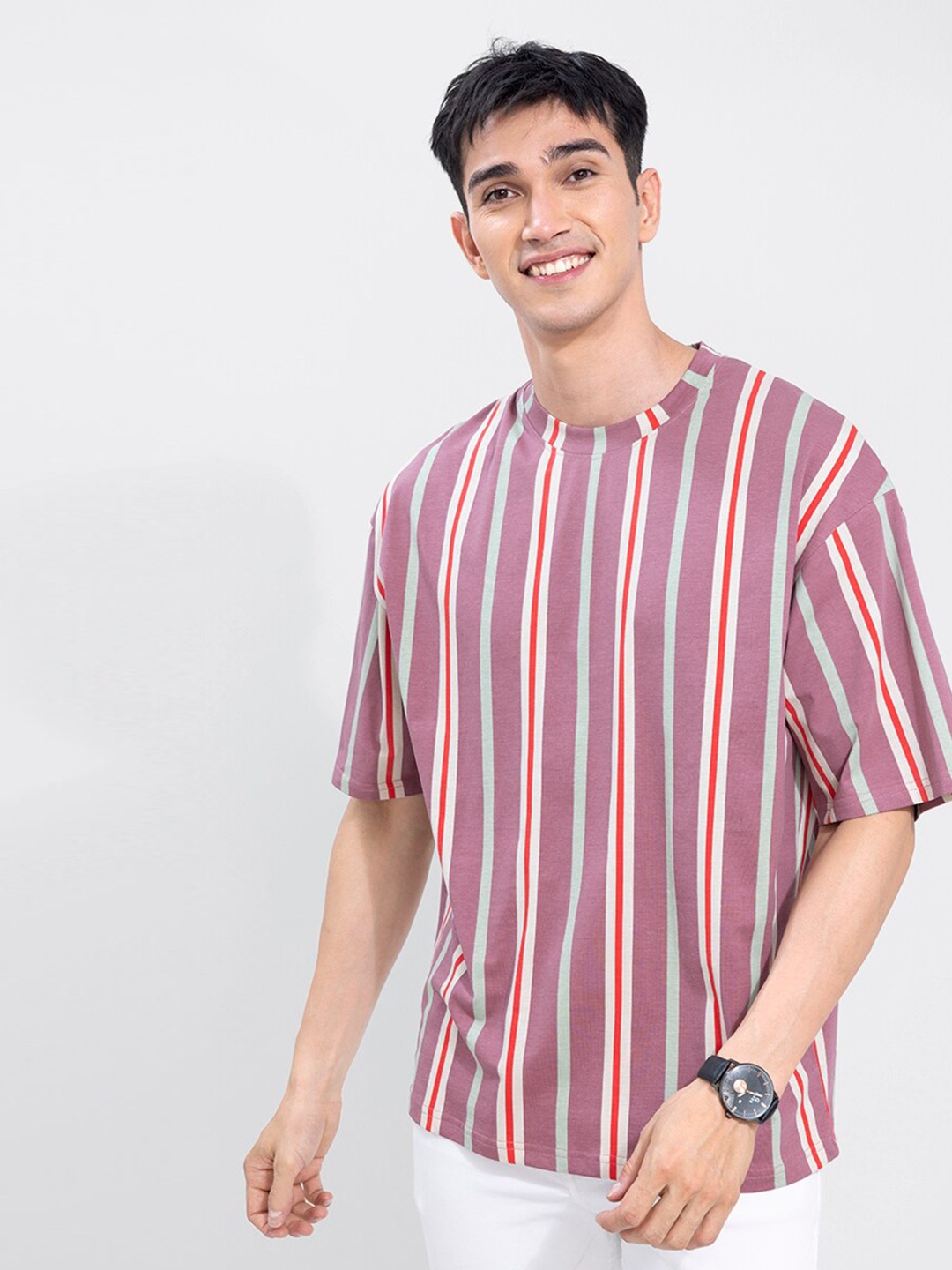 

Snitch Men Striped Slim Fit Cotton T-shirt, Purple