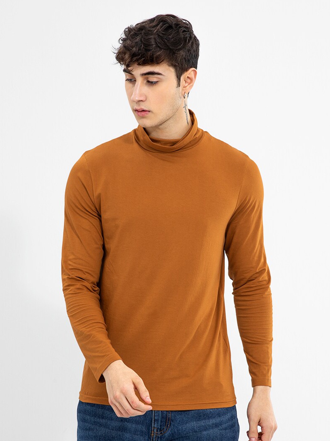 

Snitch Men Turtle Neck Cotton Slim Fit T-shirt, Mustard