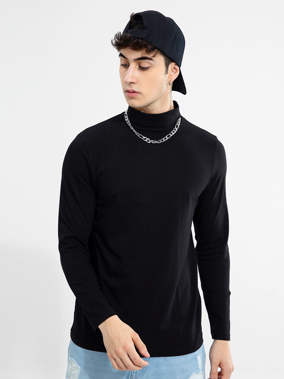 

Snitch Men Turtle Neck Cotton Slim Fit T-shirt, Black