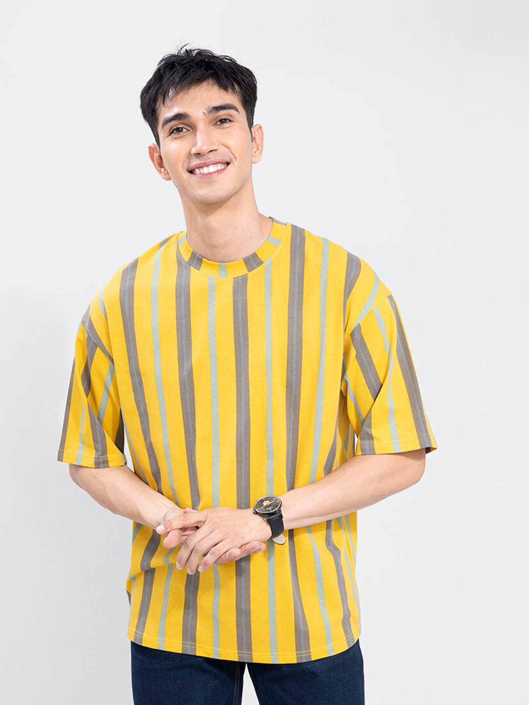 

Snitch Men Cotton Striped T-shirt, Yellow