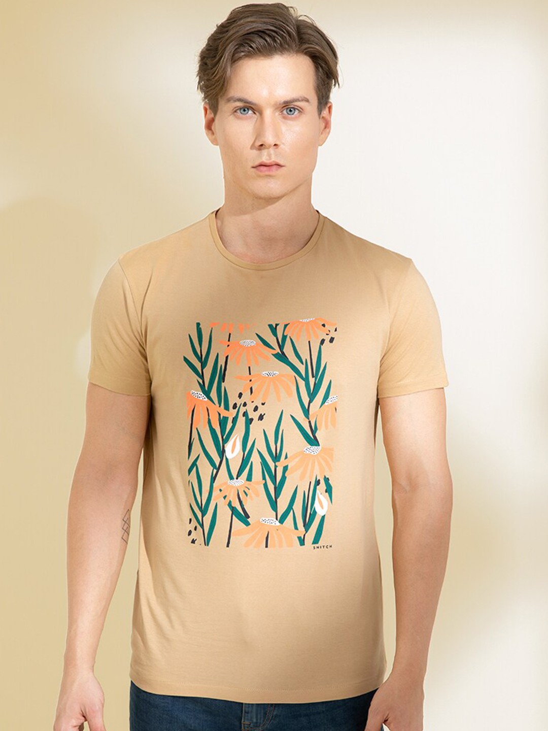 

Snitch Men Cotton Printed T-shirt, Beige