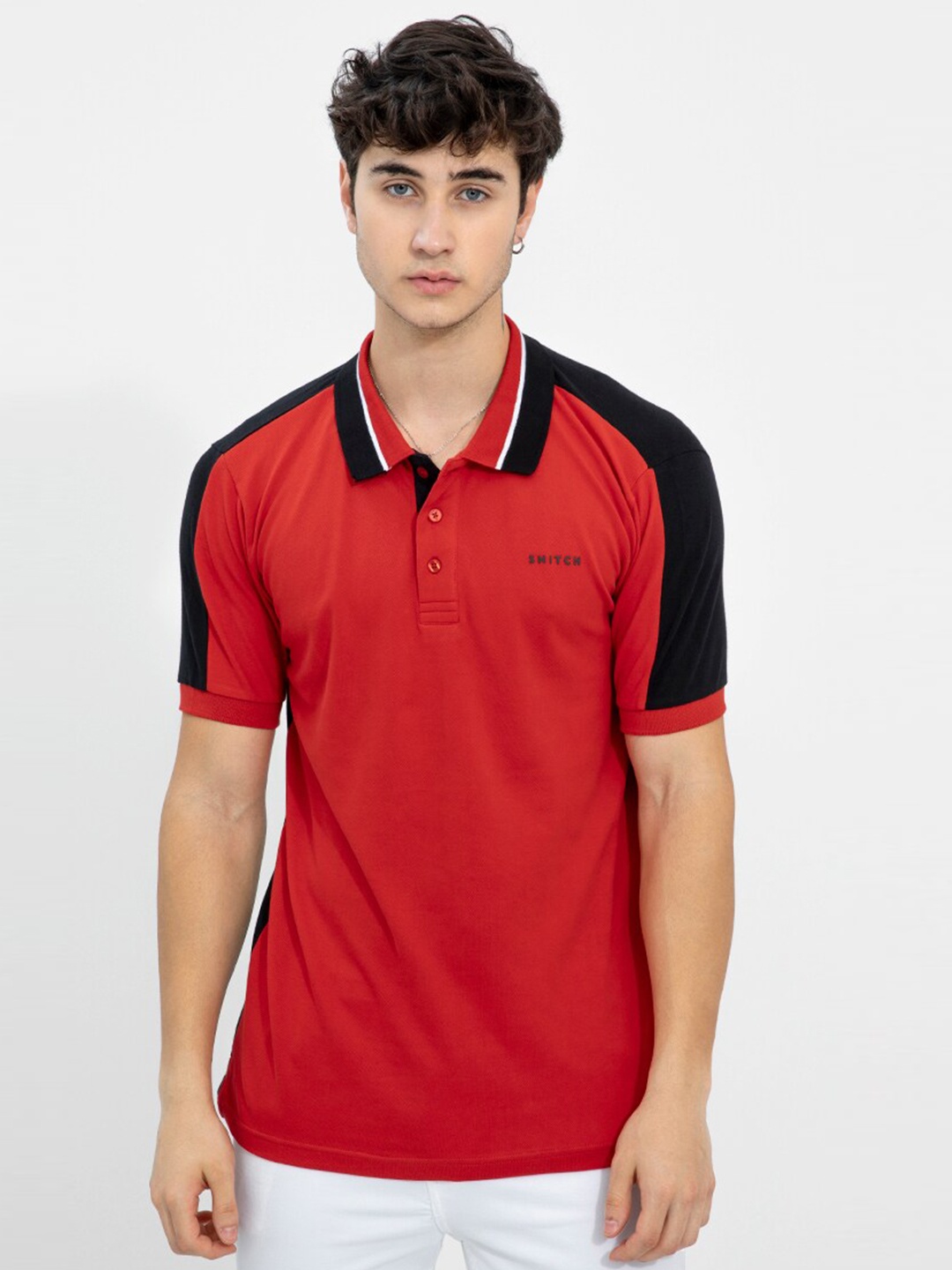 

Snitch Men Cotton Colourblocked Polo Collar T-shirt, Red