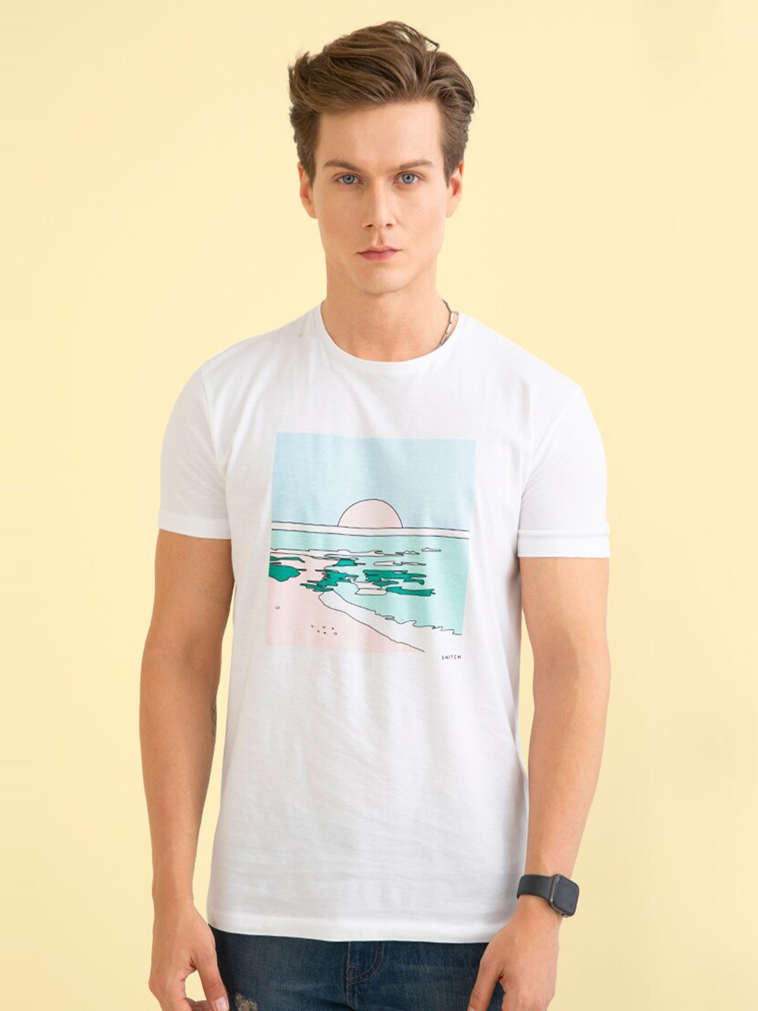 

Snitch Men Cotton Printed Slim Fit T-shirt, White