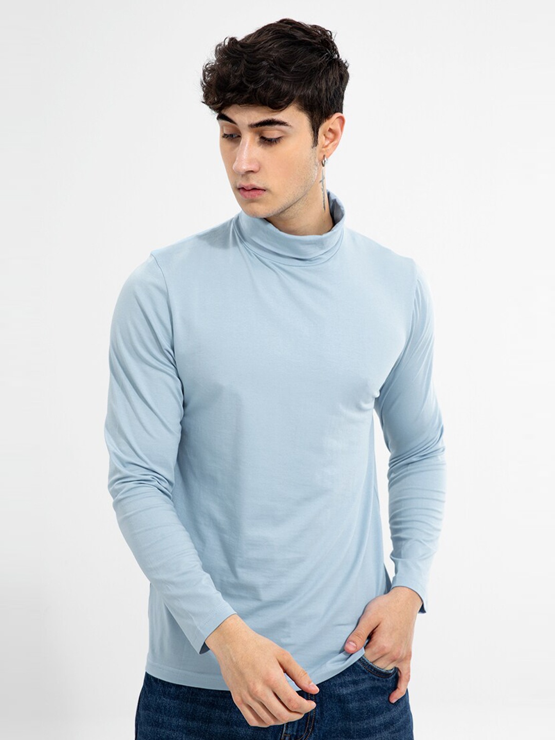 

Snitch Men Cotton High Neck Slim Fit T-shirt, Blue