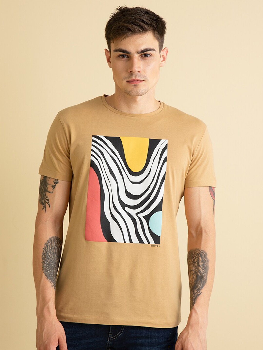 

Snitch Men Printed Slim Fit Cotton T-shirt, Brown