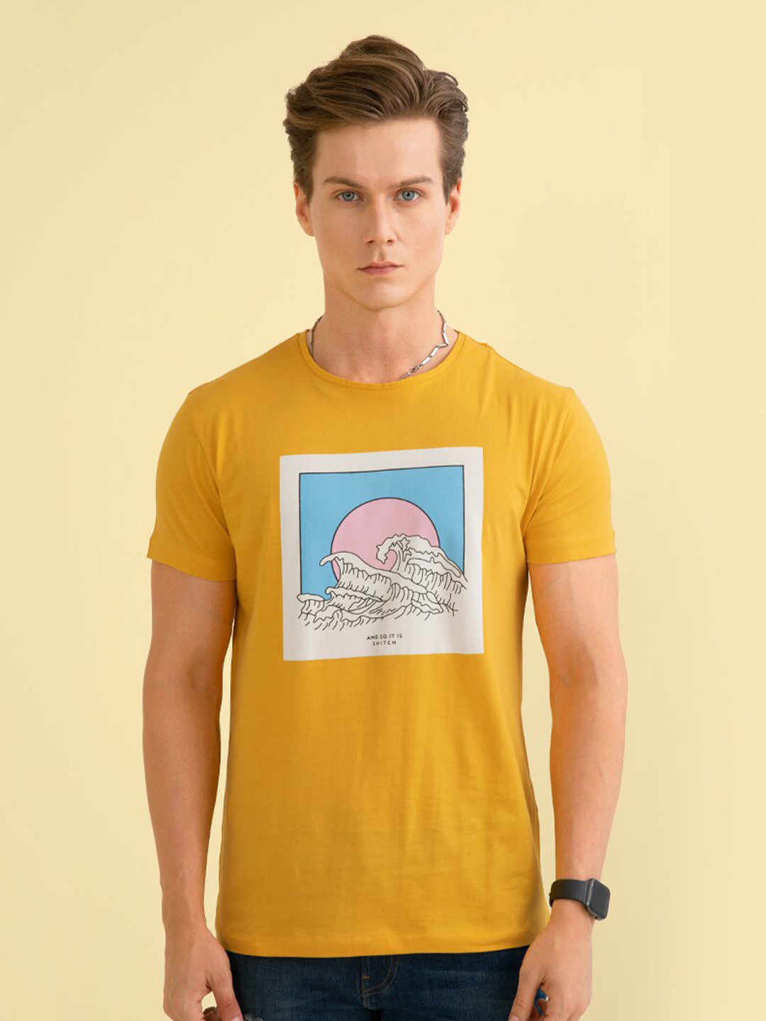 

Snitch Men Cotton Printed T-shirt, Mustard