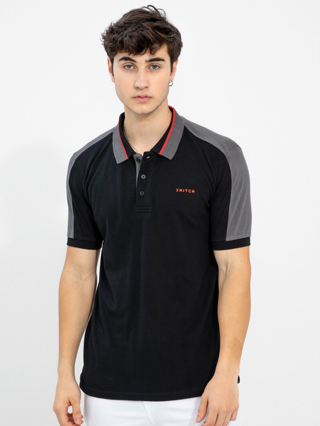 

Snitch Men Cotton Colourblocked Polo Collar T-shirt, Black