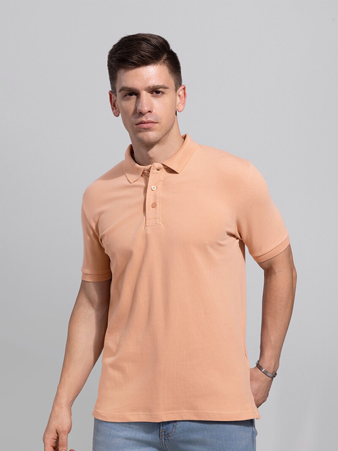 

Snitch Men Cotton Polo Collar T-shirt, Peach
