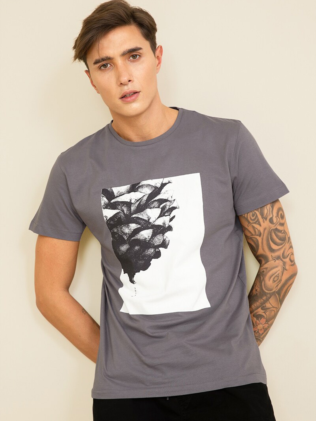 

Snitch Men Cotton Printed T-shirt, Grey