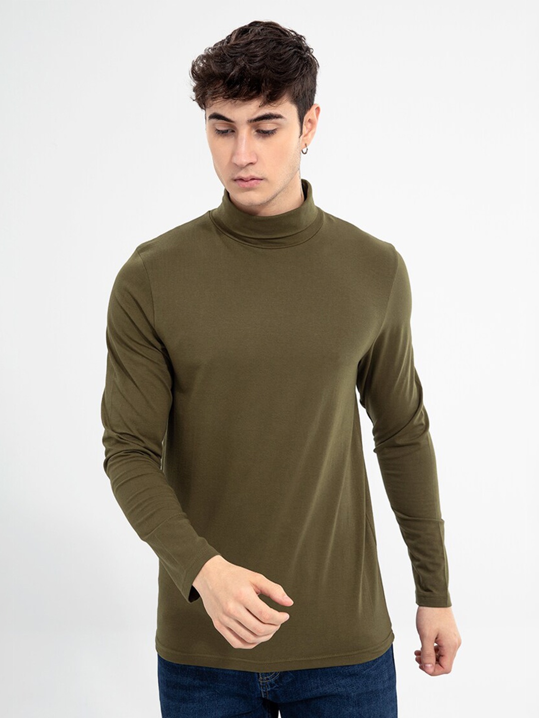 

Snitch Men Cotton High Neck T-shirt, Olive