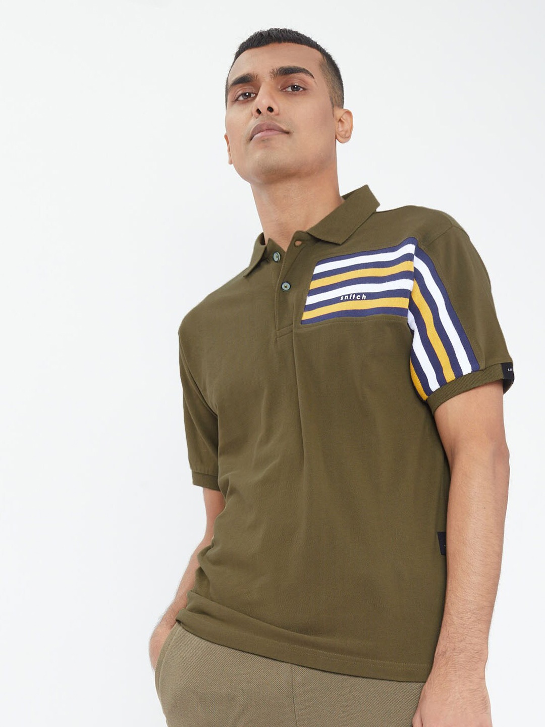 

Snitch Men Striped Polo Collar Cotton Slim Fit T-shirt, Green