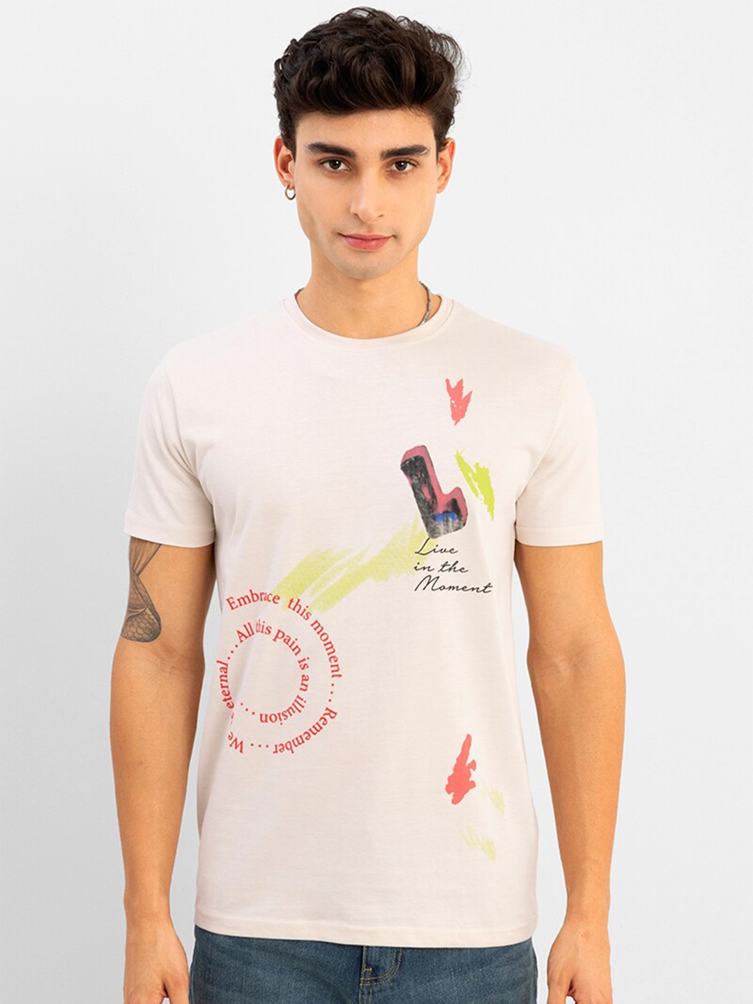 

Snitch Men Printed Cotton Slim Fit T-shirt, Cream