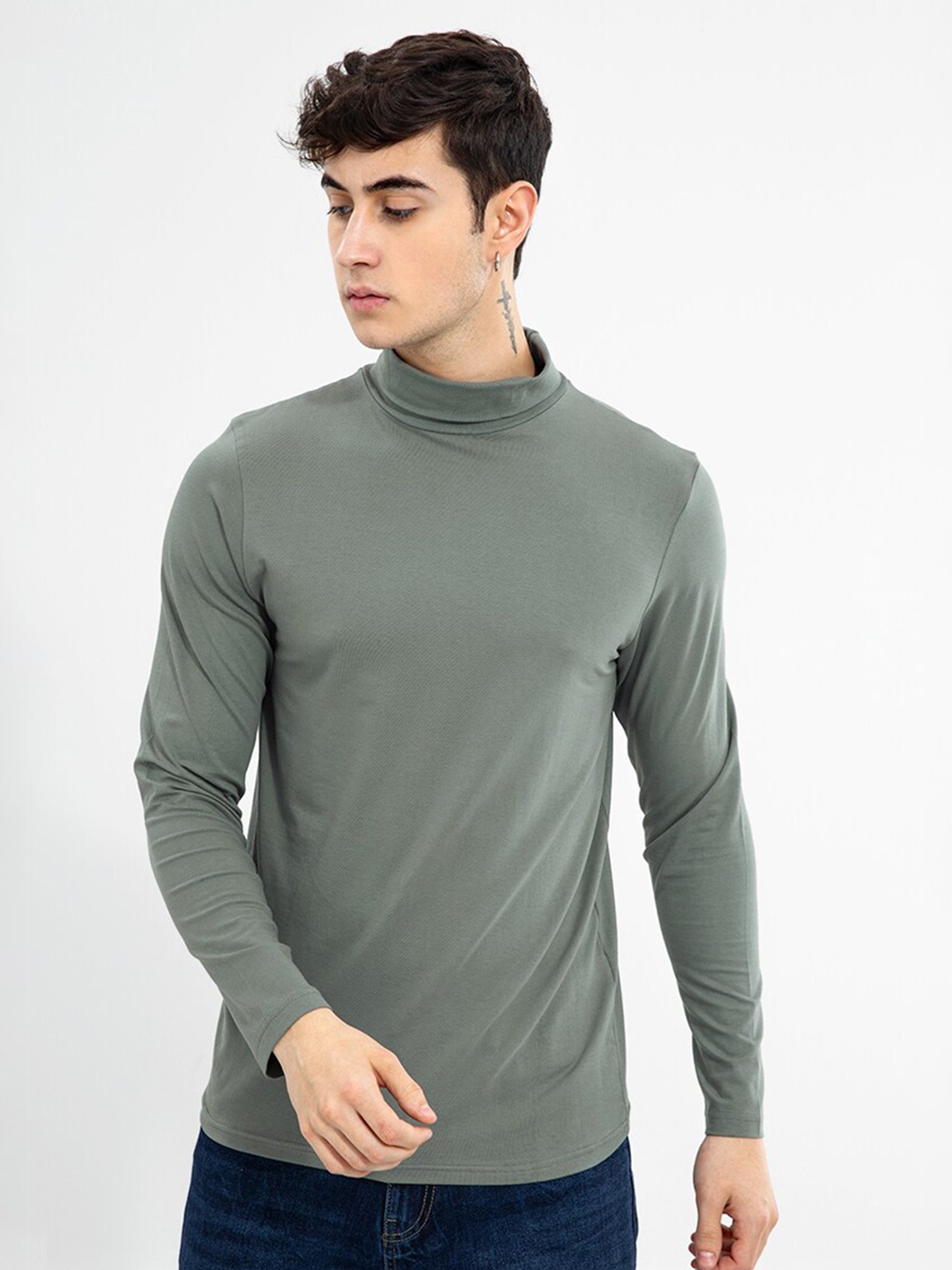 

Snitch Men Turtle Neck Cotton Slim Fit T-shirt, Grey