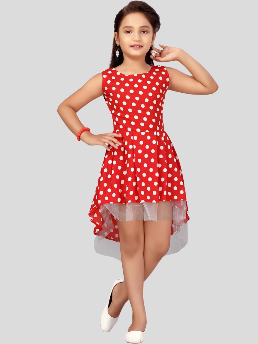 

Aarika Polka Dot Printed High-Low Fit & Flare Dress, Red