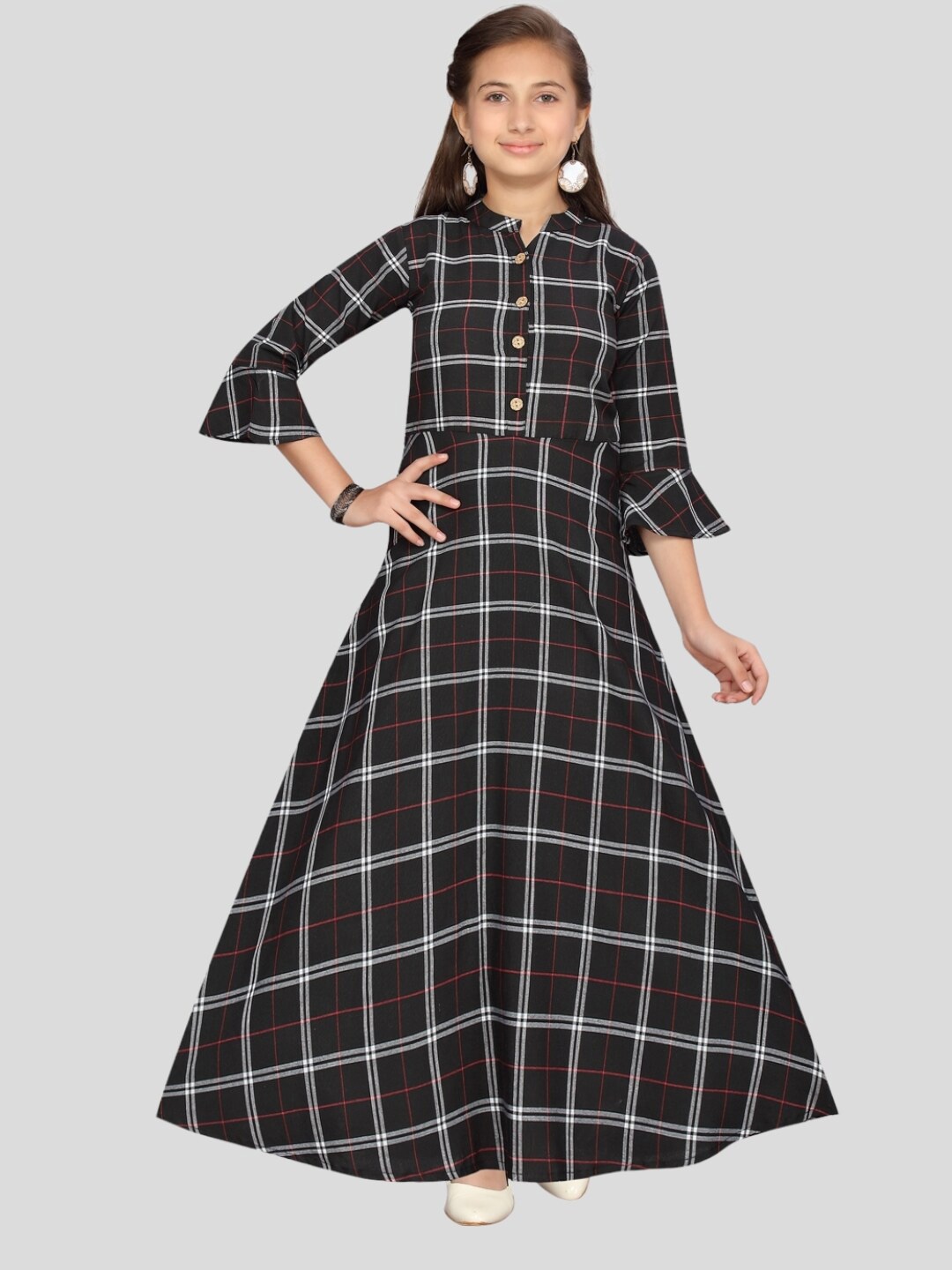 

Aarika Checked Bell Sleeves Maxi Cotton Fit & Flare Dress, Black