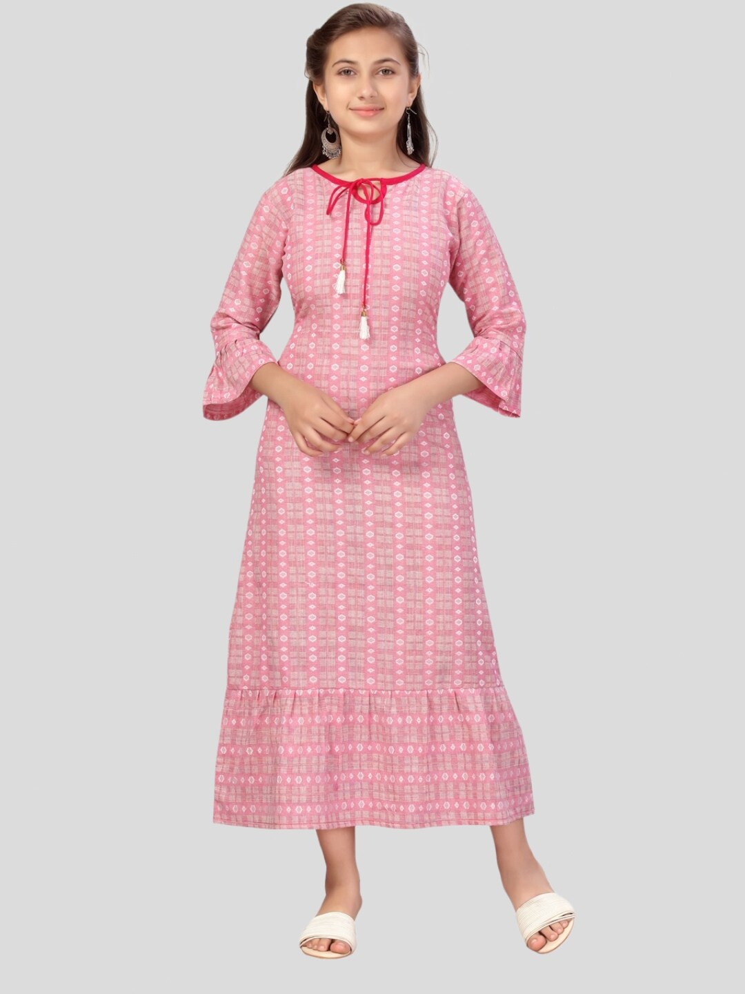 

Aarika Tie-Up Neck Flounce Cotton A-Line Midi Dress, Pink