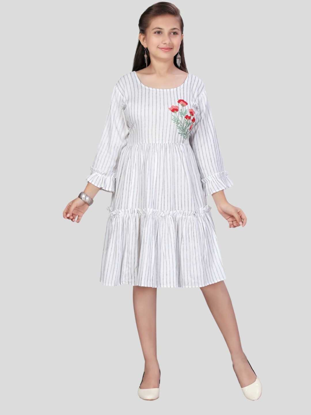 

Aarika Girls Striped Embroidered Cotton Dress, Grey