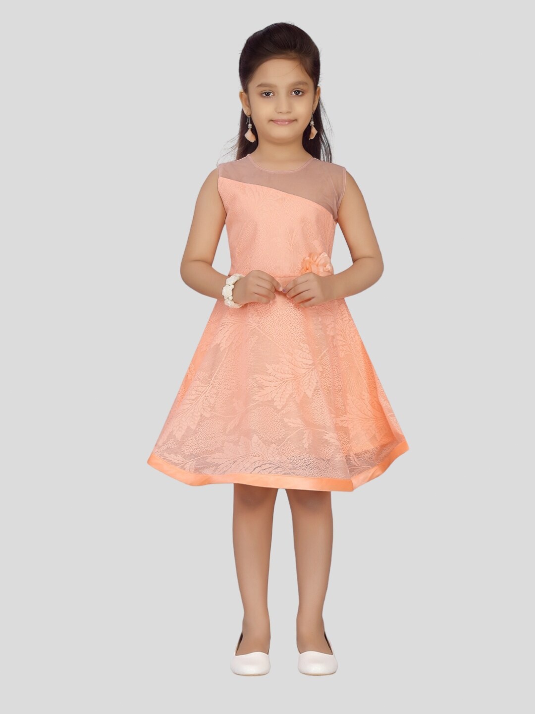 

Aarika Fit & Flare Round Neck Round Net Dress, Peach