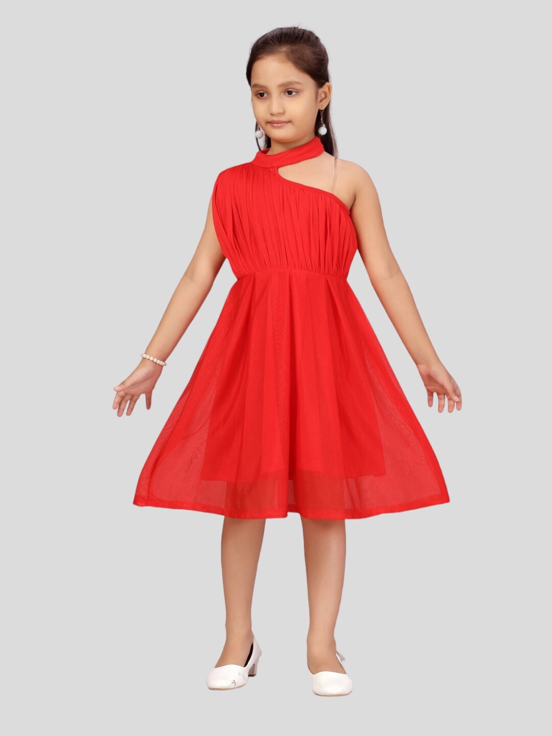 

Aarika Choker Neck Fit & Flare Net Midi Dress, Red
