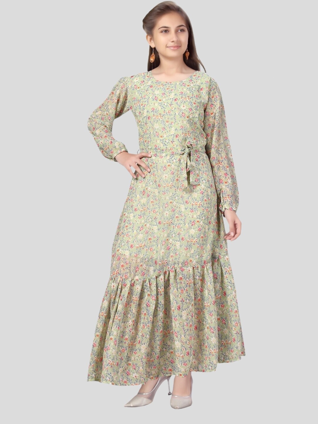 

Aarika Floral Printed Round Neck Maxi Dress, Green