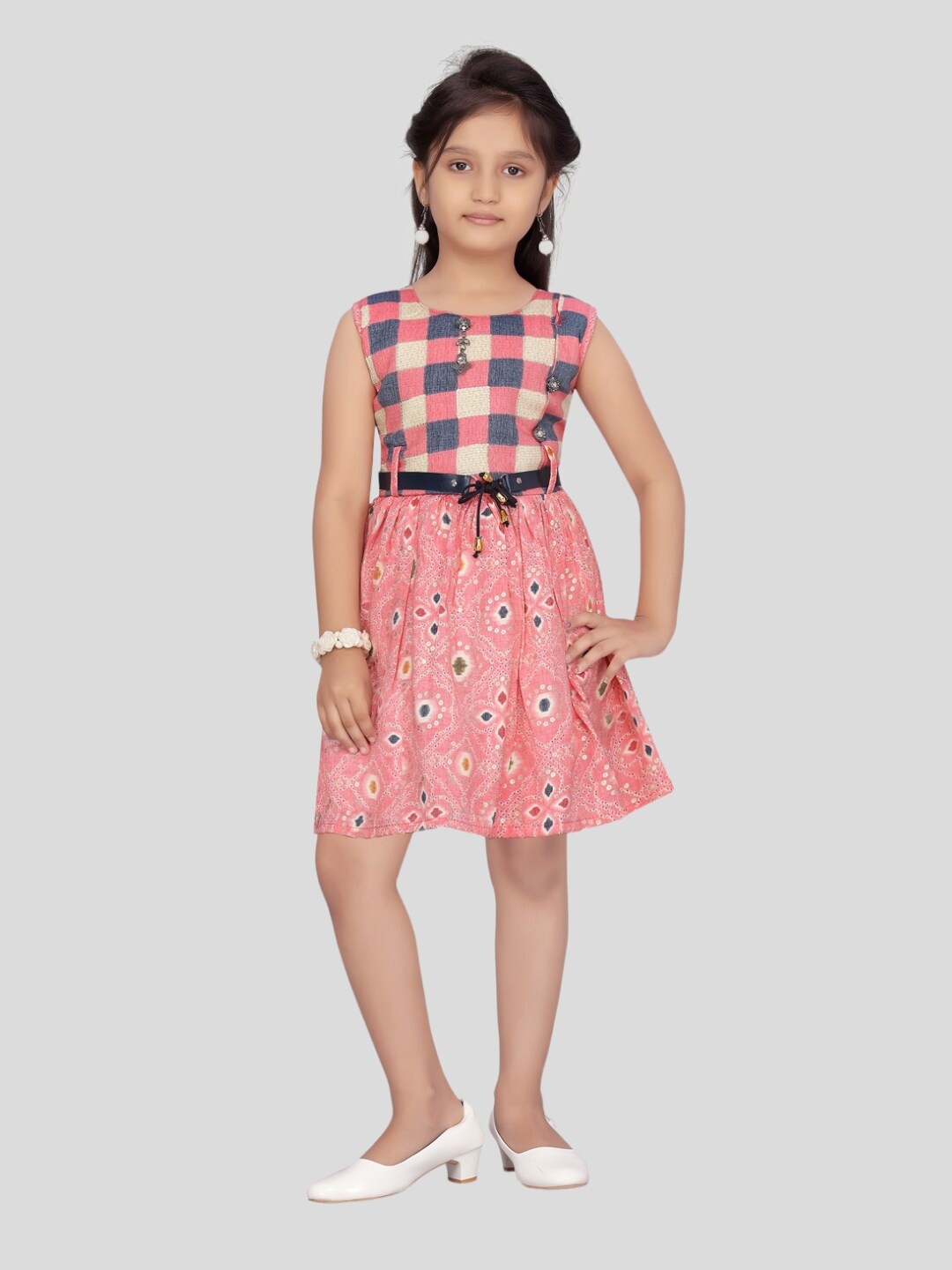 

Aarika Girls Checked Round Neck Fit & Flare Cotton Dress, Pink