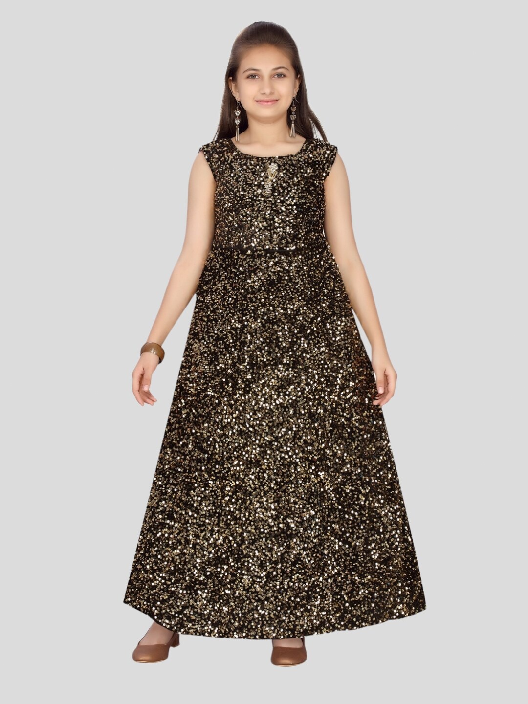 

Aarika Round Neck Fit & Flare Maxi Dress, Gold
