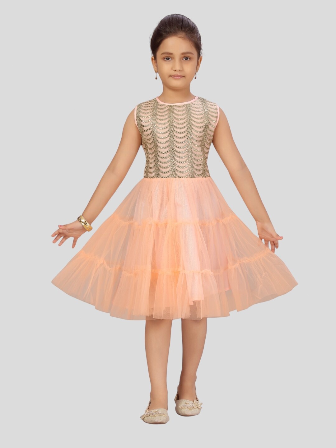 

Aarika Embellished Net A-Line Dress, Peach