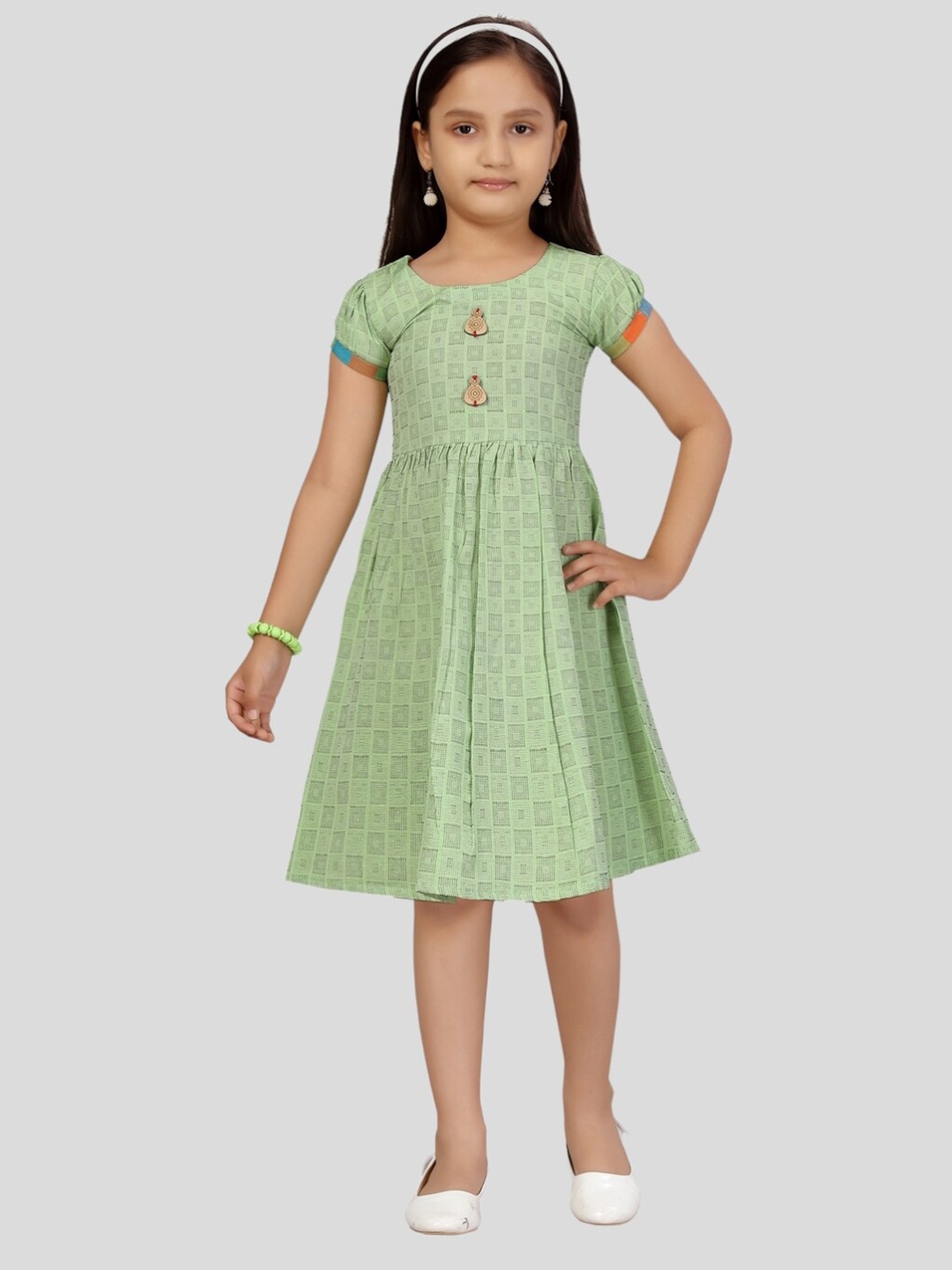 

Aarika Checked Round Neck Cotton Dress, Green