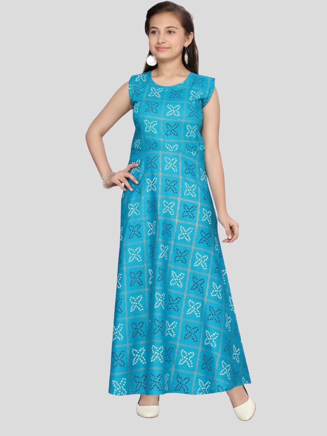 

Aarika Printed Round Neck Cotton Maxi Dress, Turquoise blue