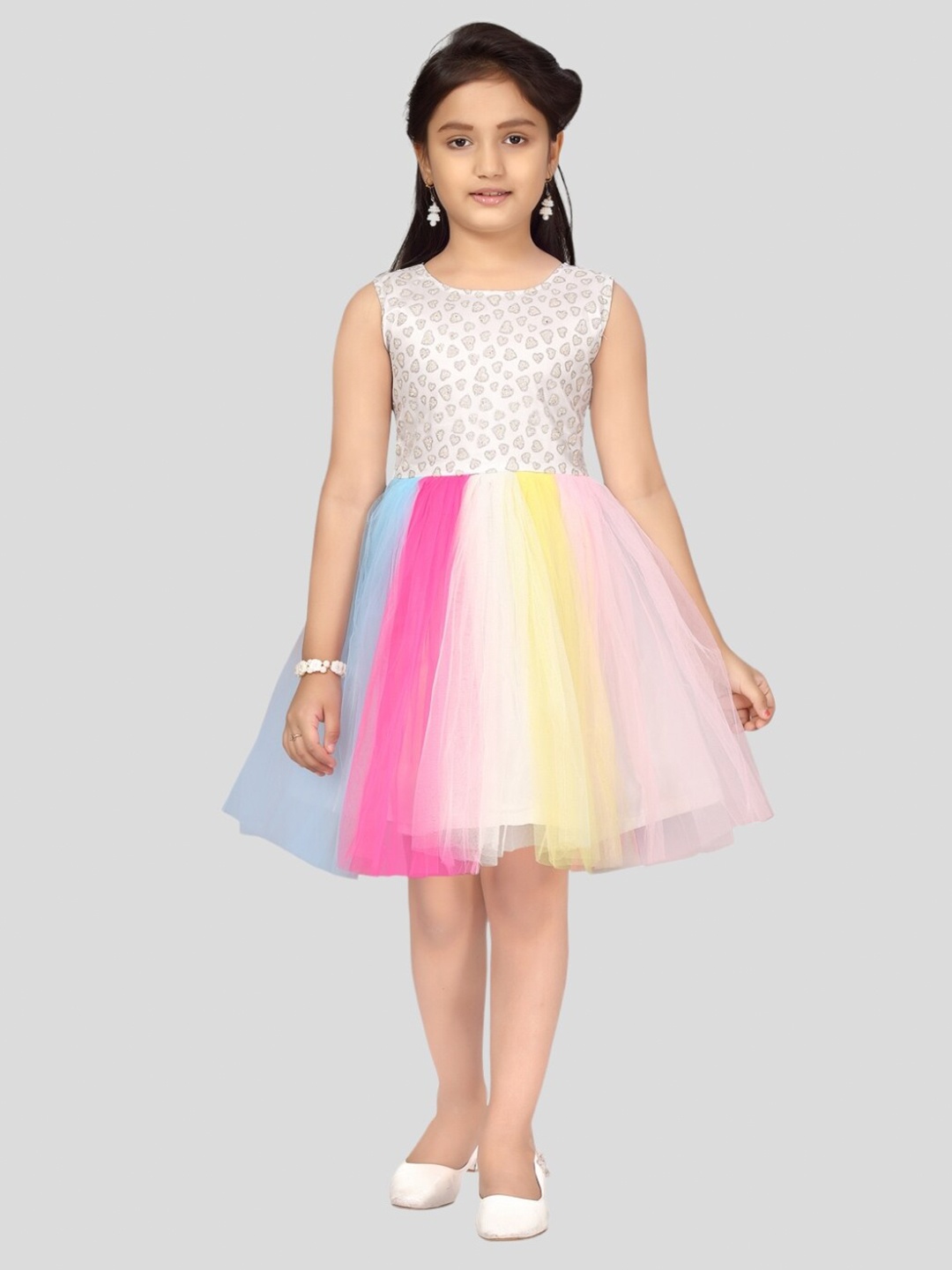 

Aarika Printed Round Neck Fit And Flare Dress, White