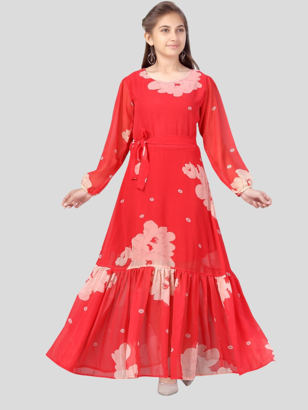 

Aarika Floral Printed Round Neck A-Line Dress, Red