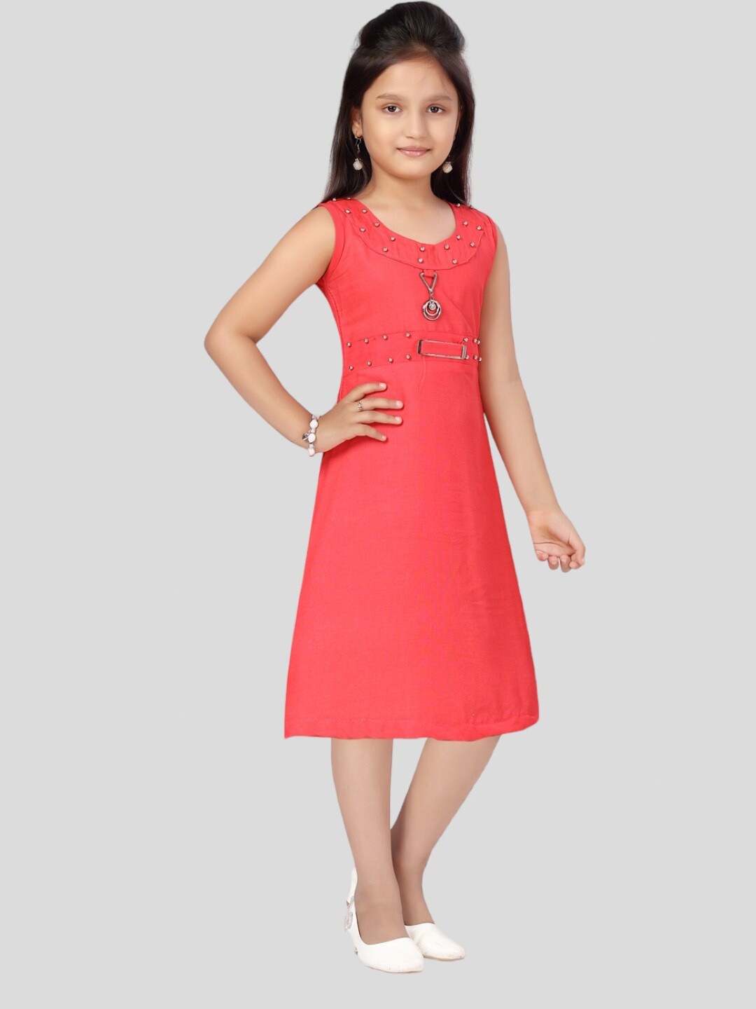 

Aarika Round Neck Cotton A-Line Dress, Red