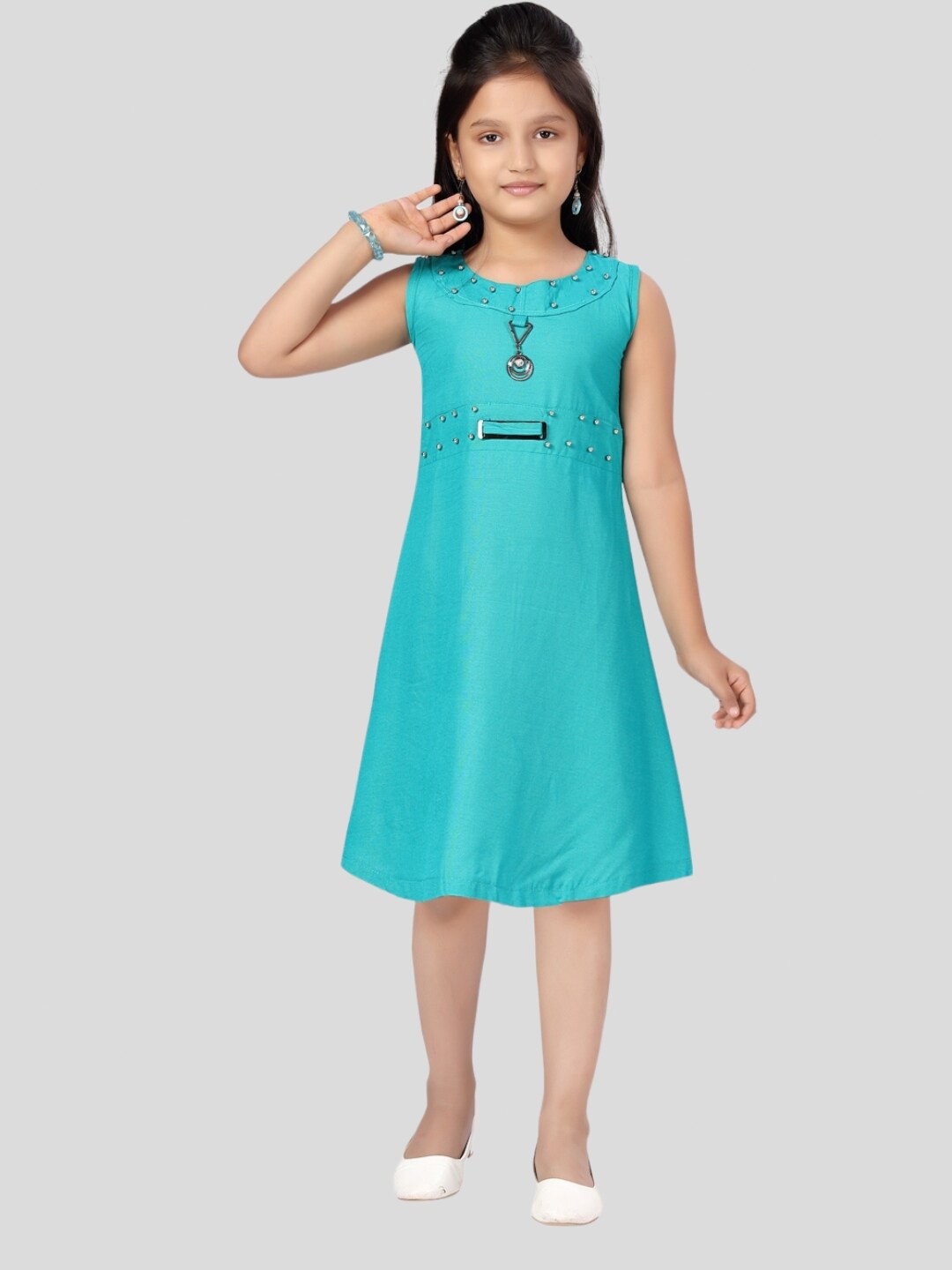 

Aarika Embellished Round Neck Cotton A-Line Dress, Turquoise blue