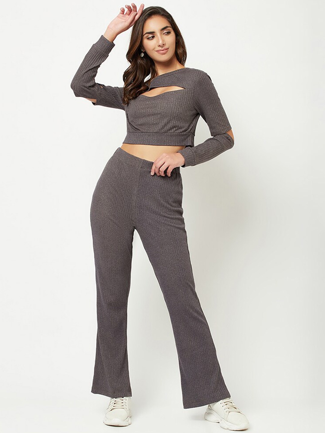 

HOUSE OF S Women Pure Cotton Cut-Out Top With Trouser Co-Ords, Grey