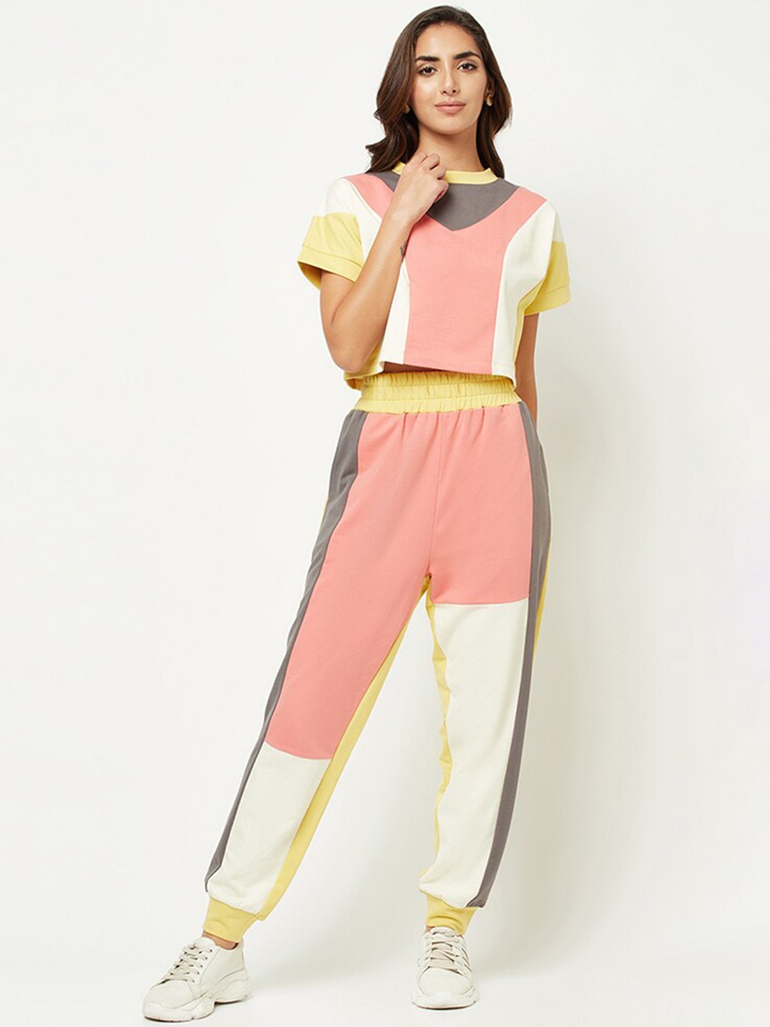 

HOUSE OF S Women Colour-Blocked Pure Cotton Crop-Top With Joggers Co-Ords, Yellow