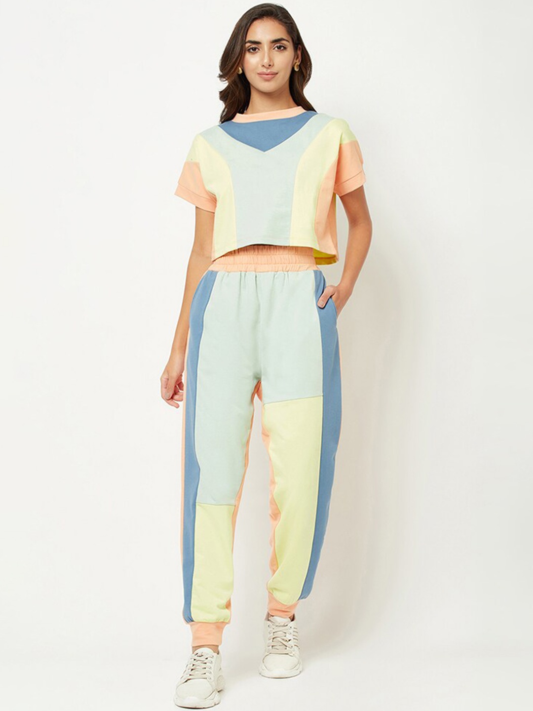 

HOUSE OF S Women Color Blocked Pure Cotton Co-Ord, Blue