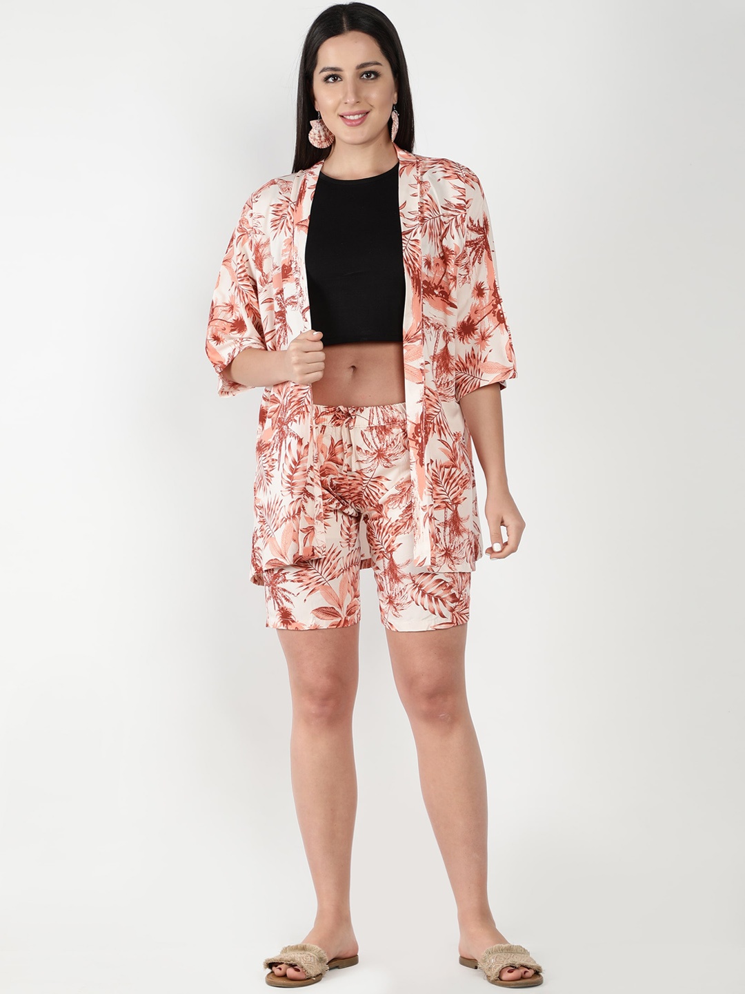 

ISAM Women Printed Pure Cotton Open Shirt With Shorts Co-Ords, Pink