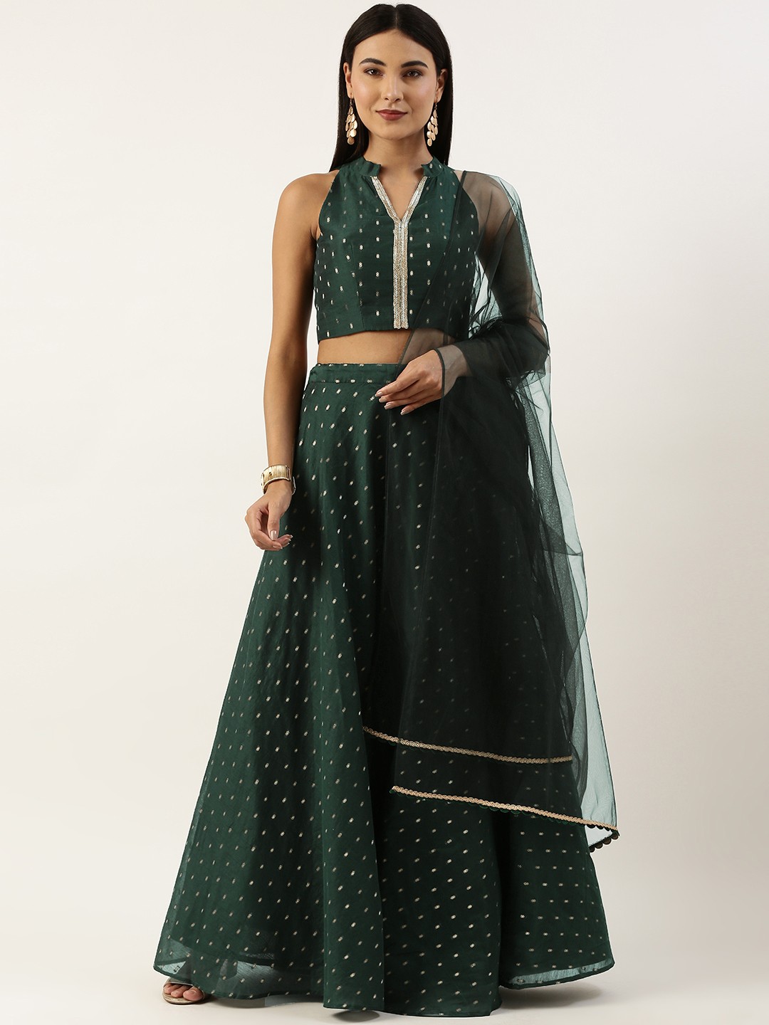 

Ethnovog Green Beads and Stones Ready to Wear Lehenga & Blouse With Dupatta