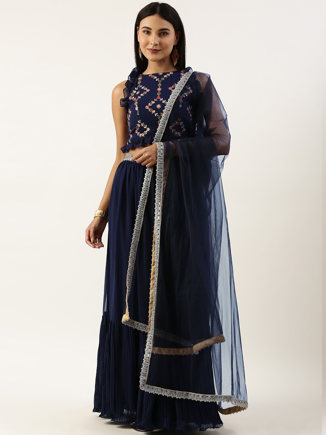 

Ethnovog Embroidered Sequinned Ready to Wear Lehenga & Blouse With Dupatta, Navy blue