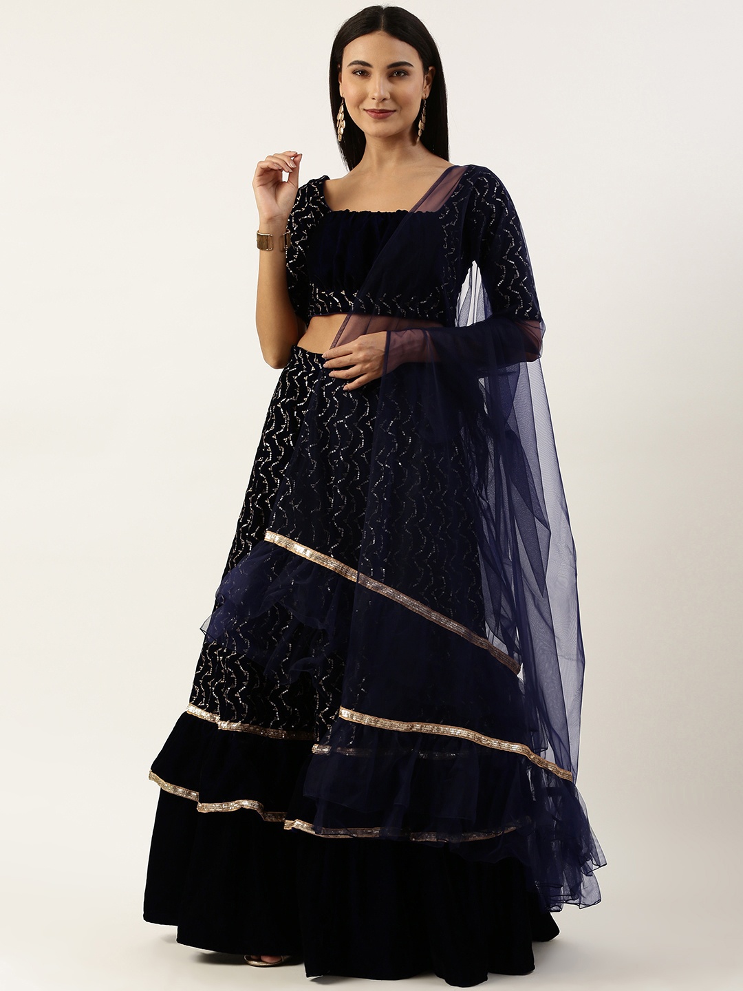 

Ethnovog Thread Work & Sequin Embellished Detail Velvet Finish Lehenga Choli With Dupatta, Navy blue