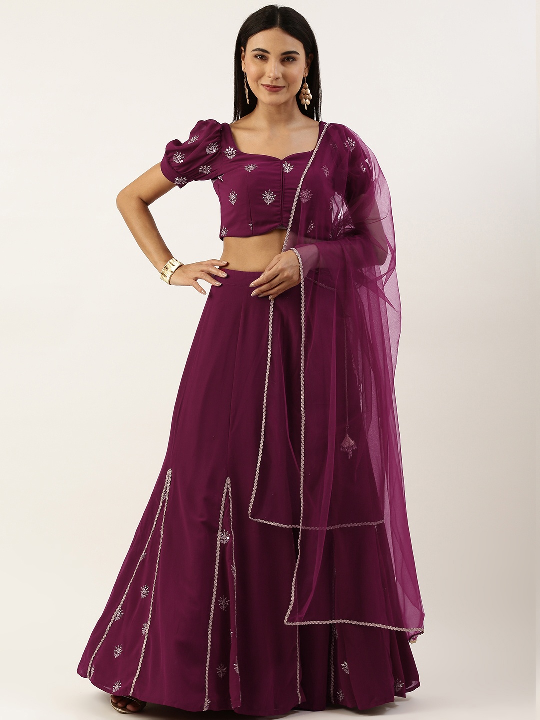 

Ethnovog Embroidered Sequinned Ready to Wear Lehenga & Blouse With Dupatta, Magenta