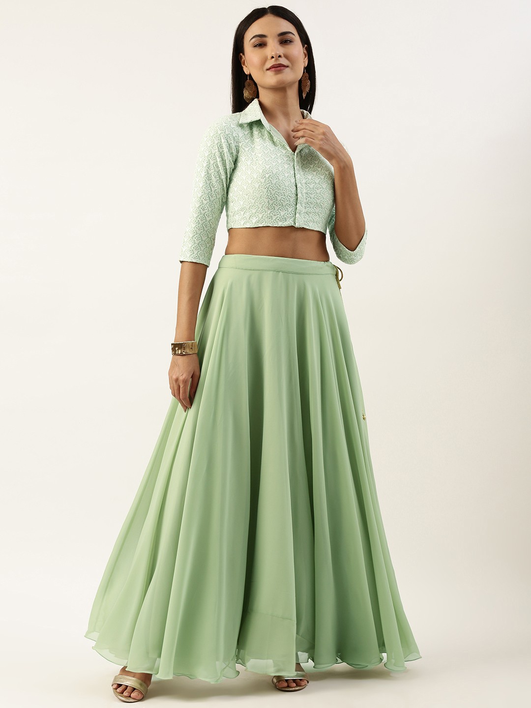 

Ethnovog Embroidered Sequinned Ready to Wear Lehenga & Blouse, Sea green