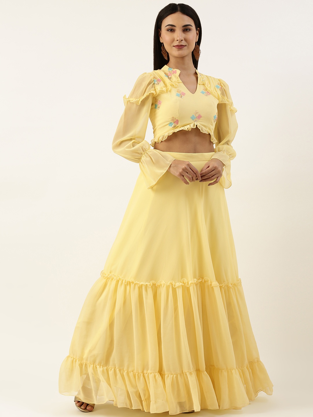 

Ethnovog Embellished Sequinned Ready to Wear Lehenga & Blouse, Yellow