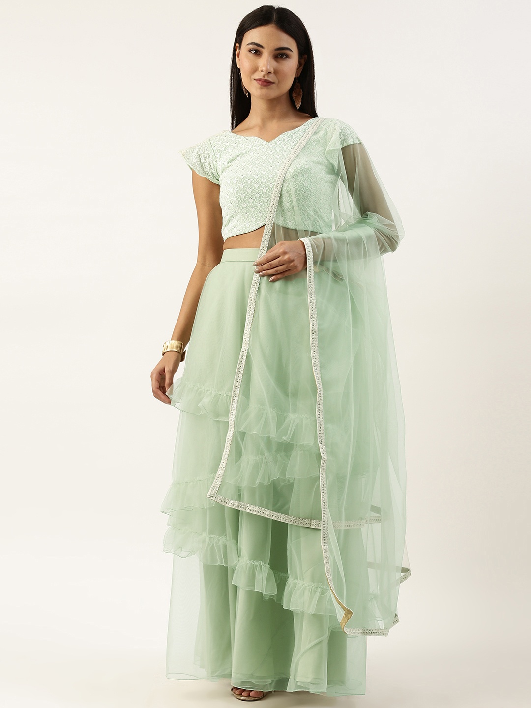 

Ethnovog Embroidered Sequinned Ready to Wear Lehenga & Blouse With Dupatta, Green