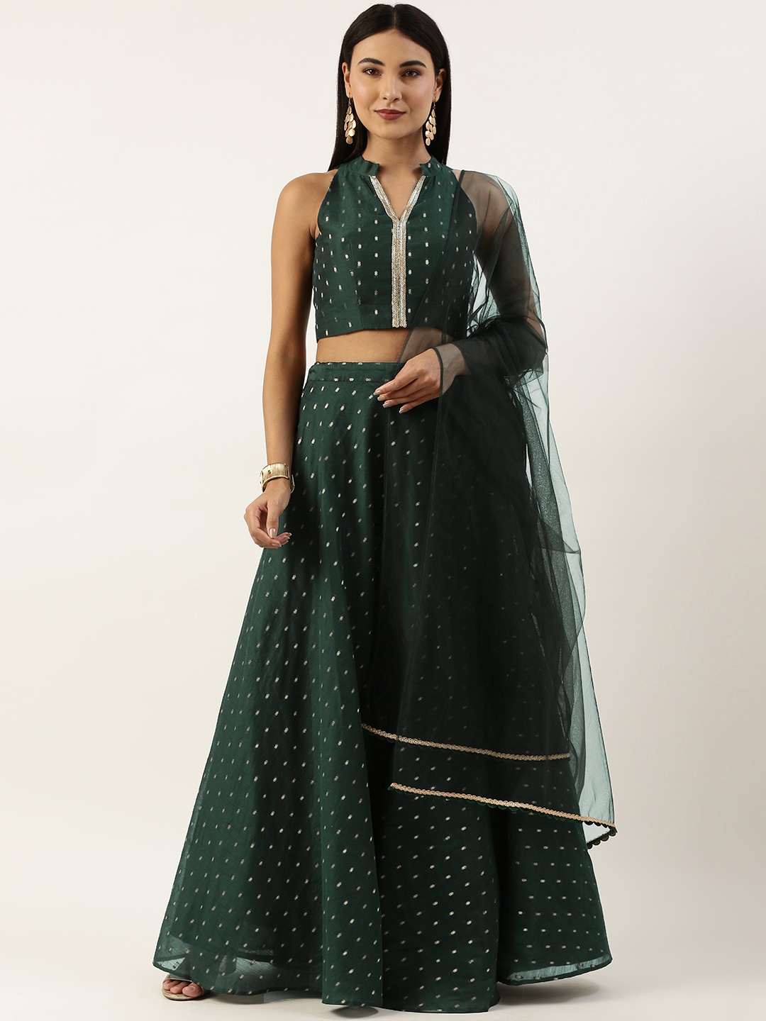 

Ethnovog Beads and Stones Ready to Wear Lehenga & Blouse With Dupatta, Green