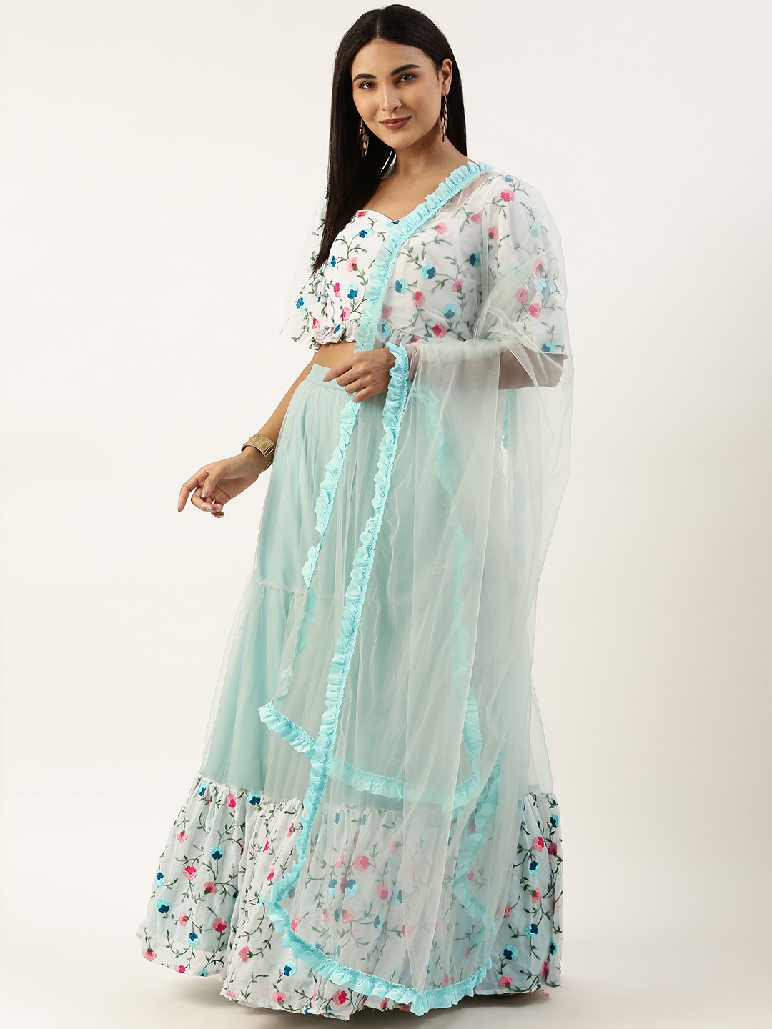 

Ethnovog Embroidered Ready to Wear Lehenga & Blouse With Dupatta, White