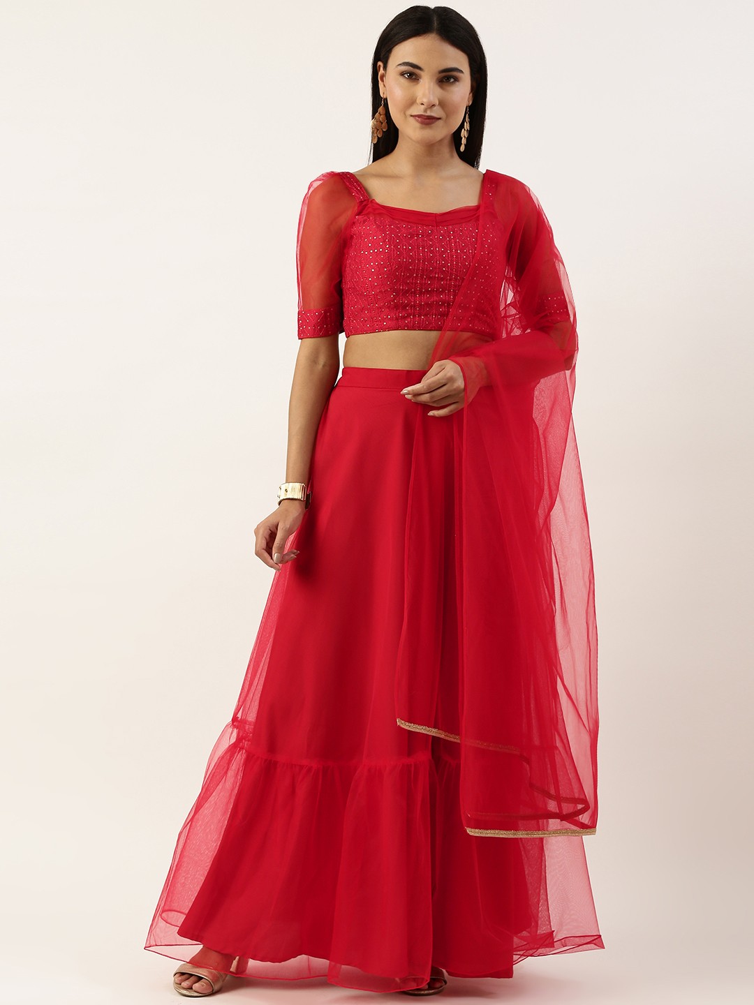 

Ethnovog Embroidered Sequinned Ready to Wear Lehenga & Blouse With Dupatta, Red