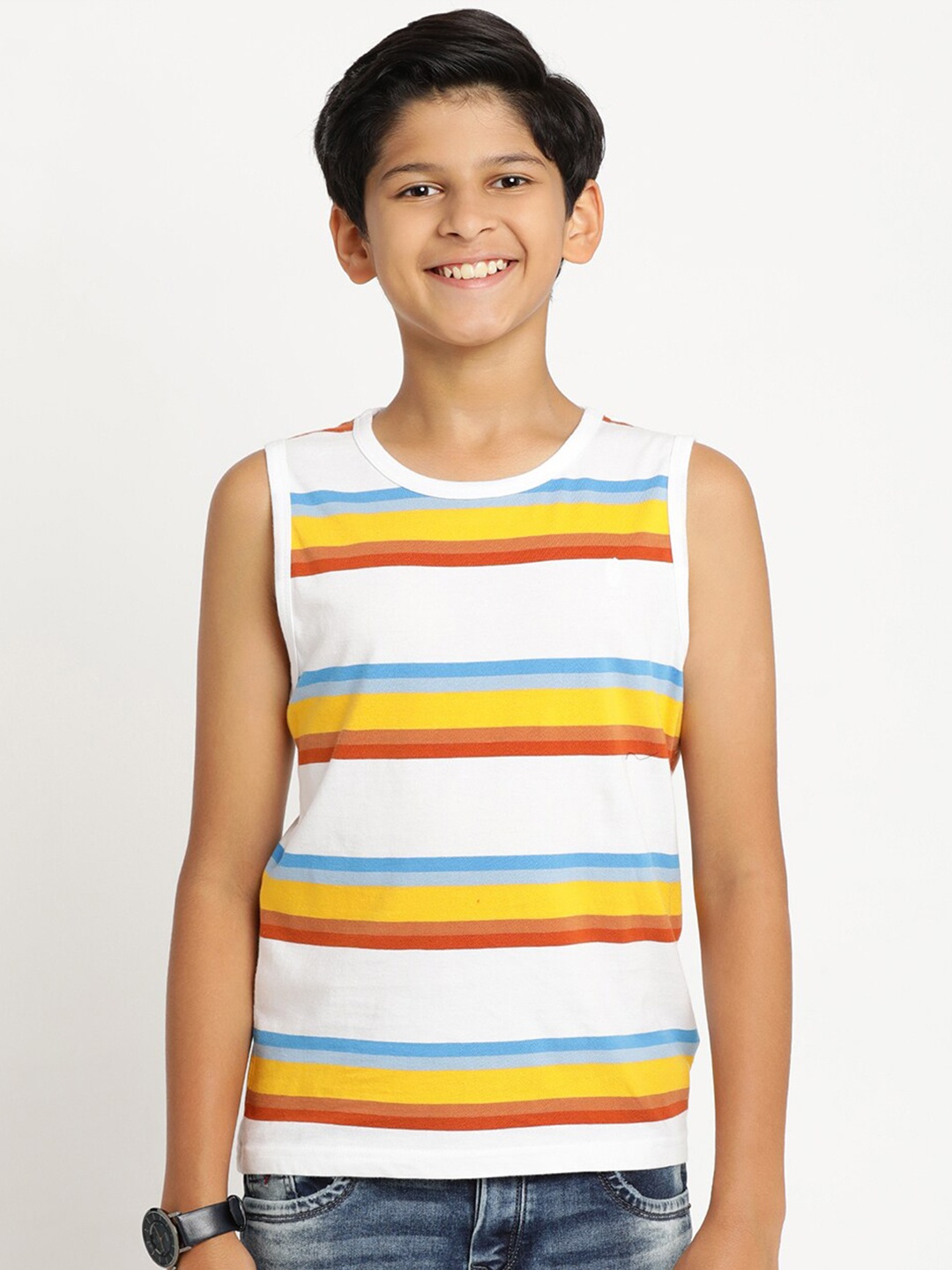 

Indian Terrain Boys Round Neck Striped Slim Fit Cotton T-shirt, White