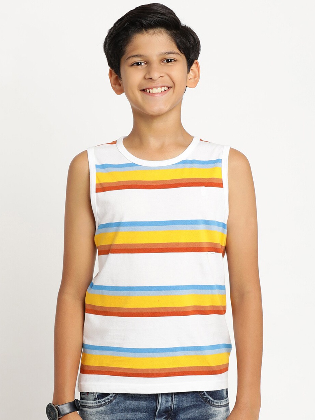 

Indian Terrain Boys Striped Slim Fit Cotton T-shirt, White