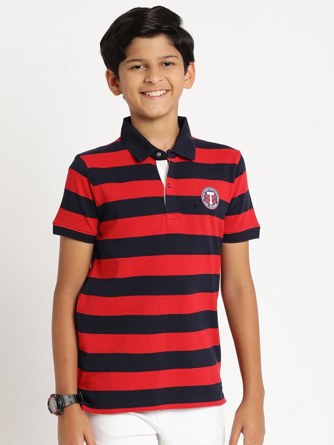 

Indian Terrain Boys Striped Polo Collar Slim Fit Cotton T-shirt, Red